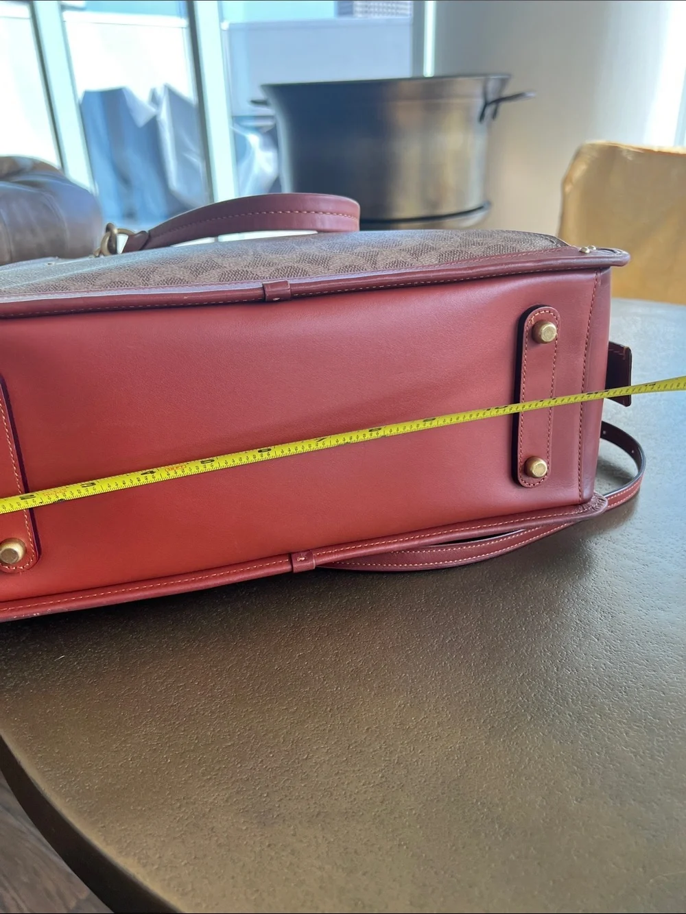 Coach Brown Signature Monogram Satchel with Burgundy Trim